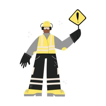 Black road construction Worker with danger sign Stock Illustration