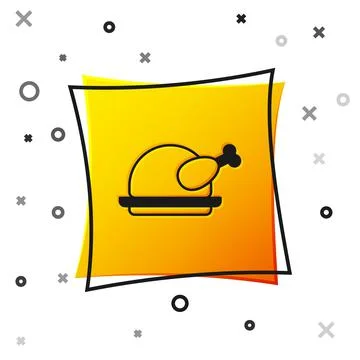 Black Roasted turkey or chicken icon isolated on white background. Yellow square Illustrazione stock
