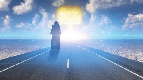 Black robed figure before mushroom cloud Stock Illustration