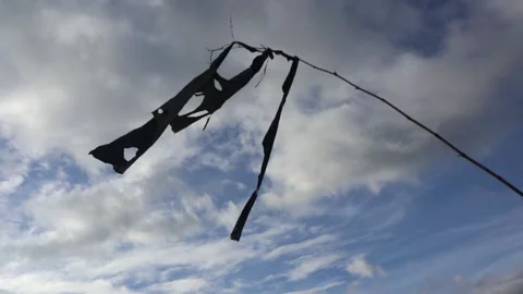 Black rober flag on sky background. Pirate flag. Old black flag. Stock Footage 237975957