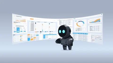 Black robot analyzing statistics financial data on virtual boards artificial Illustrazione stock
