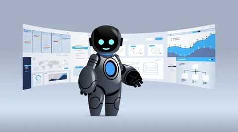Black robot analyzing statistics financial data on virtual boards artificial Illustrazione stock