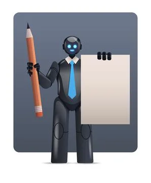 Black robot cyborg holding notepad and pencil robotic character artificial Illustrazione stock