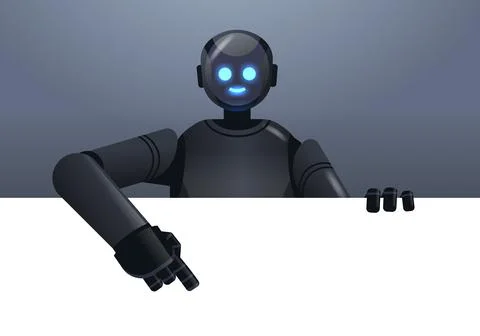 Black robot cyborg pointing at empty blank white board modern robotic character 스톡 일러스트
