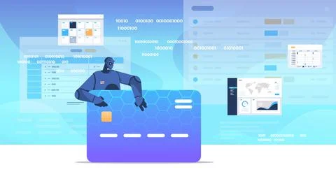 Black robot hacking data privacy security information of credit card artificial Illustrazione stock