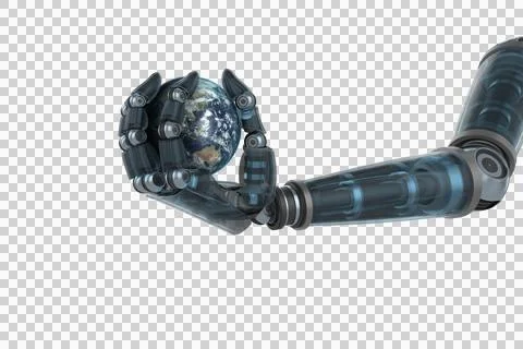 Black robot hand holding globe Stock Illustration