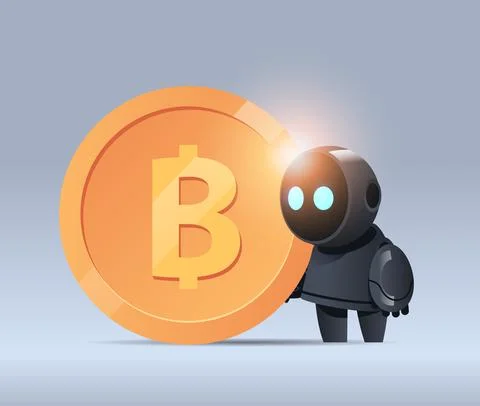 Black robot holding bitcoin crypto currency web money mining passive income Stock Illustration