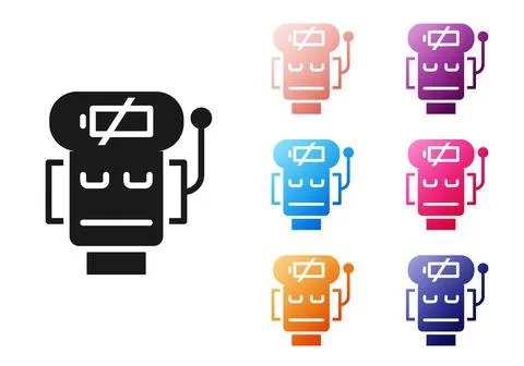 Black Robot low battery charge icon isolated on white background. Artificial Illustrazione stock
