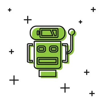 Black Robot low battery charge icon isolated on white background. Artificial Illustrazione stock