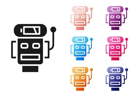 Black Robot low battery charge icon isolated on white background. Artificial Stock Illustration