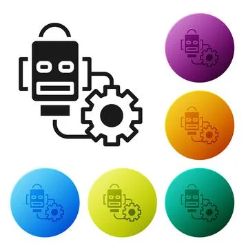 Black Robot setting icon isolated on white background. Artificial intelligence Illustrazione stock