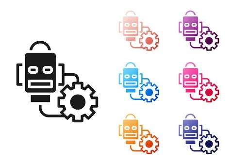 Black Robot setting icon isolated on white background. Artificial intelligence Stock Illustration