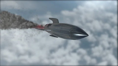 A black rocket is flying in the sky. Weapons of mass destruction. Blurred backgr Video stock 147388742