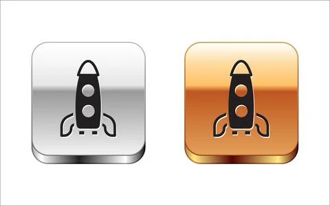 Black Rocket ship icon isolated on white background. Space travel. Silver-gold Stock Illustration