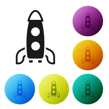Black Rocket ship icon isolated on white background. Space travel. Set icons in Stock Illustration