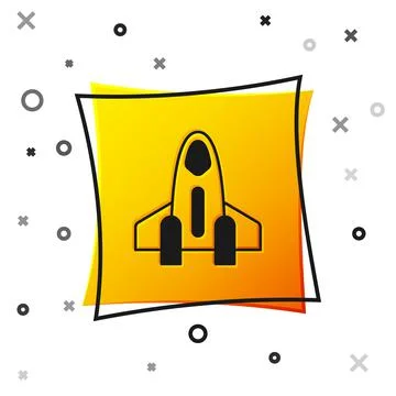 Black Rocket ship icon isolated on white background. Space travel. Yellow square Stock Illustration