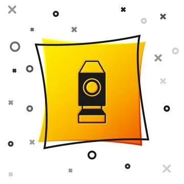 Black Rocket ship icon isolated on white background. Space travel. Yellow square Stock Illustration