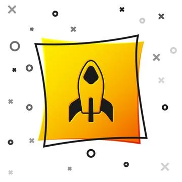 Black Rocket ship icon isolated on white background. Space travel. Yellow s.. Stock Illustration