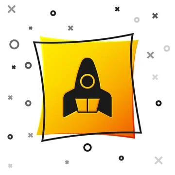 Black Rocket ship icon isolated on white background. Space travel. Yellow s.. Stock Illustration