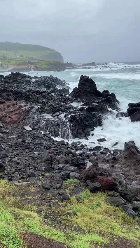 Black rocks shore in Easter Island Video stock 342842229