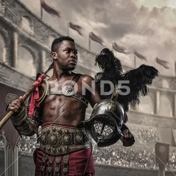 Black roman gladiator with plumed helmet and spear in arena ~ Hi Res ...