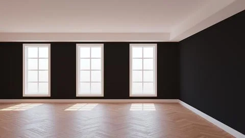 Black Room with a White Ceiling and Cornice, Glossy Herringbone Parquet Floor Stock Illustration