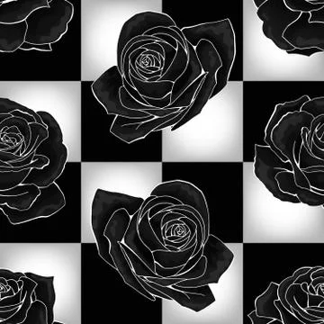 Black roses on chessboard background. Vector seamless pattern design Stock Illustration