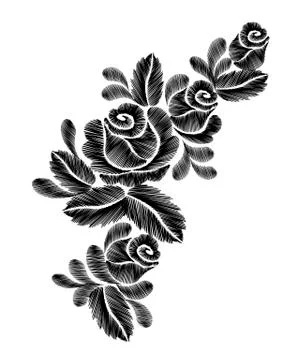 Black roses embroidery on white background. ethnic flowers neck line flower.. Stock Illustration