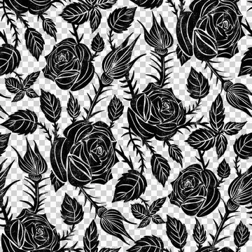 Black roses pattern with thorns. Seamless monochrome floral background. Stock Illustration