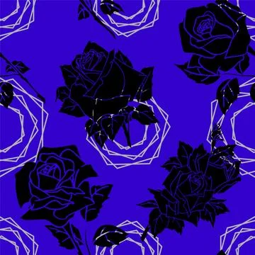 Black roses seamless pattern on blue background, texture, repeating pattern Illustrazione stock