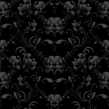 Black roses seamless pattern. Vector dark black floral background wallpaper i Stock Illustration