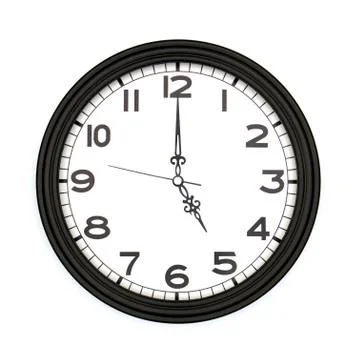 Black round analog wall clock isolated on white background, its five oclock. Stock Photos