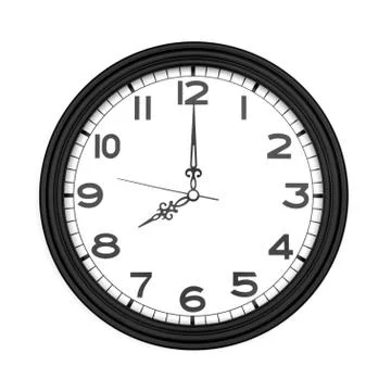 Black round analog wall clock isolated on white background, its eight oclock. Stock Photos