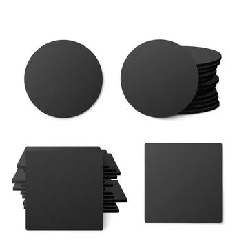 Black round and square table coasters, realistic vector illustration isolated. Stockillustratie