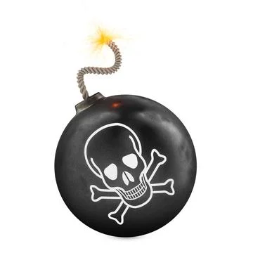Black round bomb with bones and skull. 3D rendering Stock Illustration