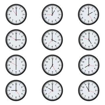 Black Round Clock Set with Various Time Stock Illustration