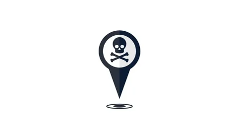 Black round danger location warning map pin icon animation with skull symbol. Stock Footage 327553943