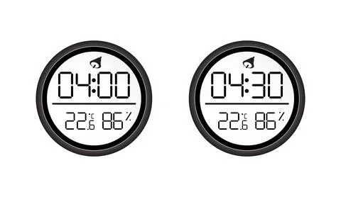 Black round digital clock and hygrometer showing time temperature and humidity Stock Illustration