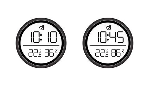 Black round digital clock and hygrometer icons showing temperature and humidity Stock Illustration