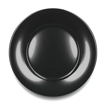 Black round empty plate top view isolated on white background Illustrazione stock