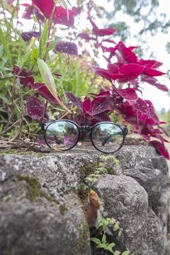 Black round eyeglass frames on stone. oval eyeglass frames in the photo from  Stock Photos