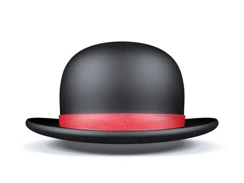 Black round hat with red ribbon isolated on white background, 3D rendering Stock Illustration