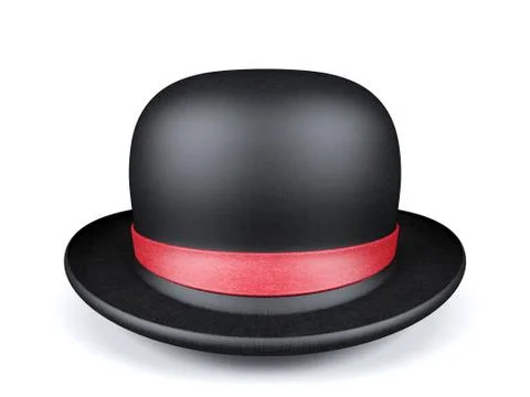 Black round hat with red ribbon isolated on white background, 3D rendering Stock Illustration