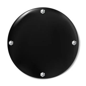 Black round painted plate with screws isolated on white background. Stock Illustration