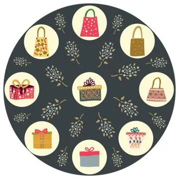 Black round shape with gifts, boxes icons on white background Stock Illustration