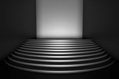 Black round stairs in empty black room in dark, wide angle, front view Stock Illustration