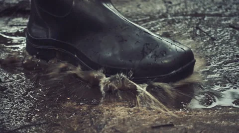 Black rubber boots step on a puddle and creates a splash. Slow mo, slo mo Stock Footage 64723652