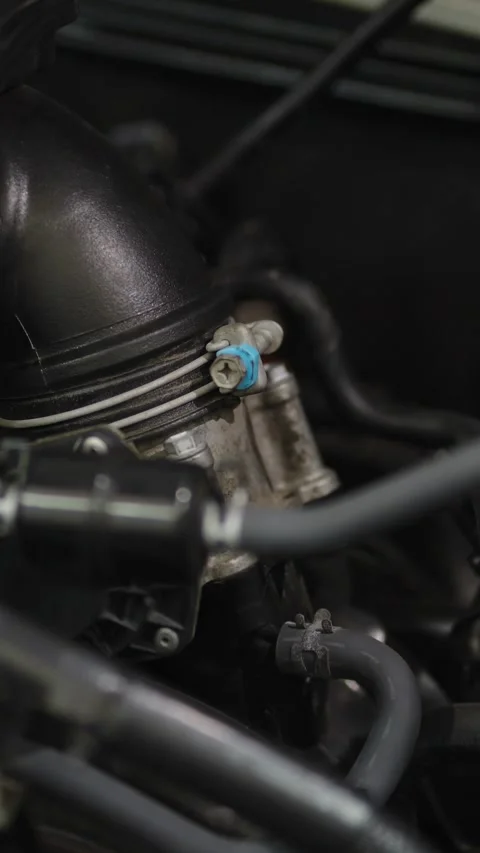A black rubber engine air duct pipe secured with a metal clamp with a blue Stock Footage 336710240