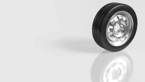 Black Rubber Tire with Shiny Silver Rim on Light Background 3d render. Illustrazione stock
