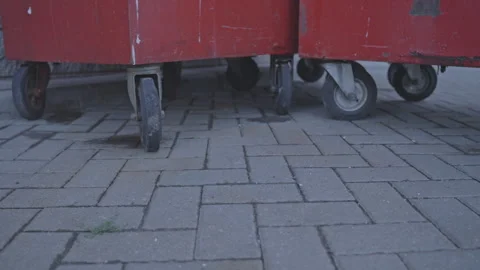 Black rubber wheels hold red waste collection containers Stock Footage 249165152